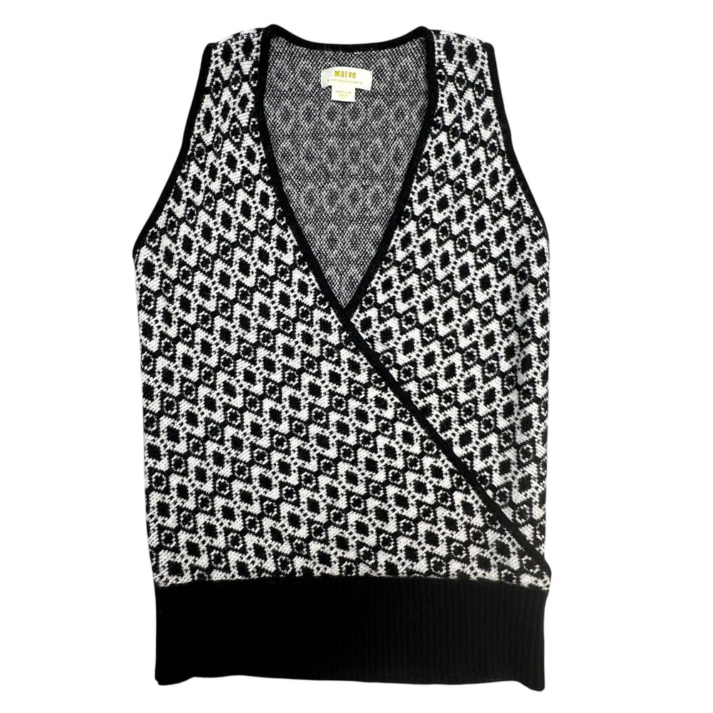 Maeve Anthropologie Sweater Vest Womens Medium Black White Geo Wrap V Neck